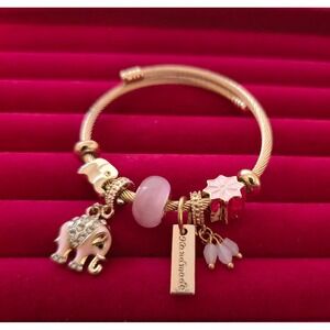 Gold  Plated Cable Wire Bypass Bangle Bracelet Pink Elephant Charms